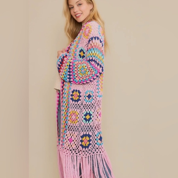 Sweet Generis S/M Pink Multi Crochet Fringe Cardigan Grannycore Cottagecore - Picture 2 of 3